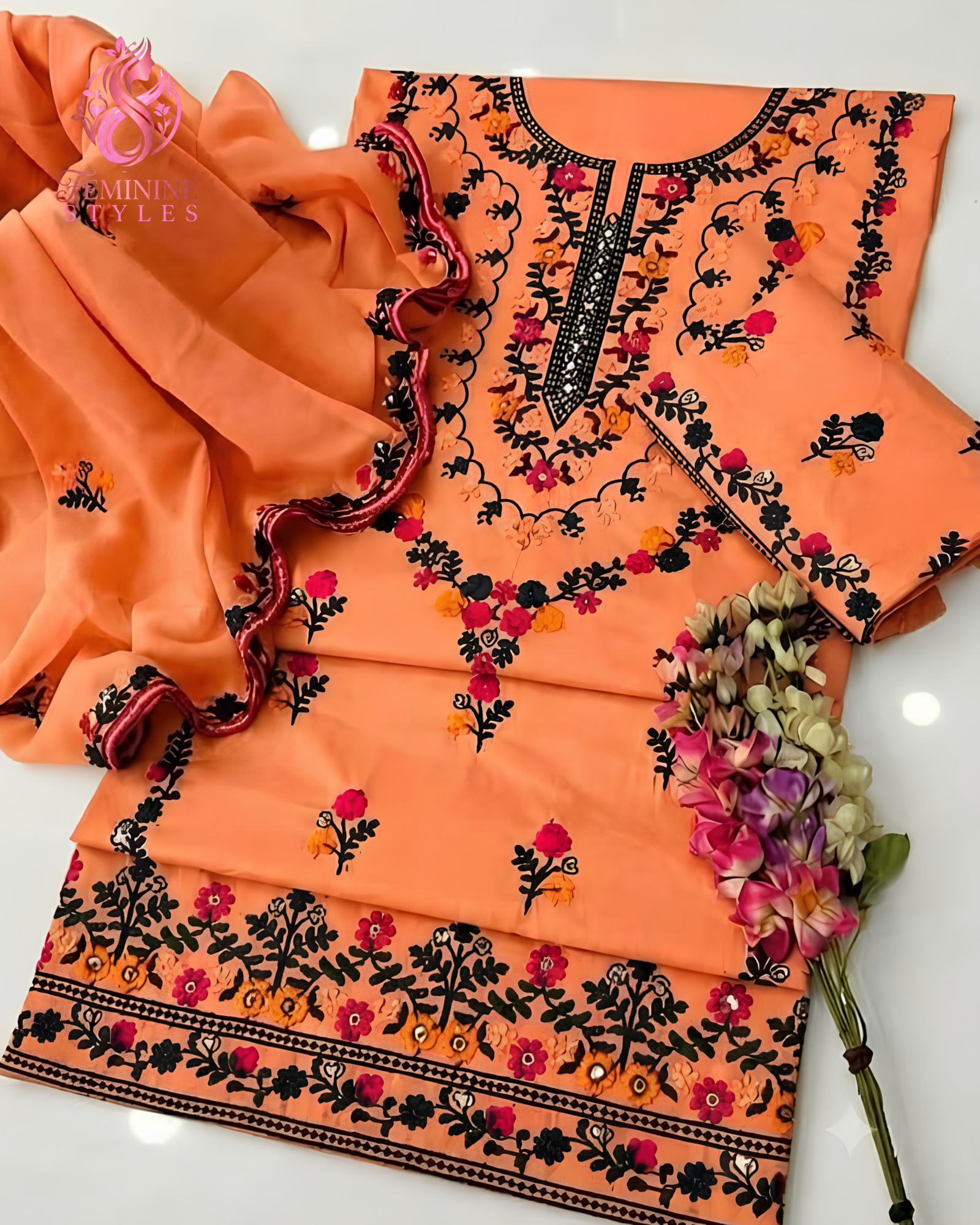 Coral Bloom-Embroidered Cotton Lawn 3-Piece Festive Ensemble - Image 8
