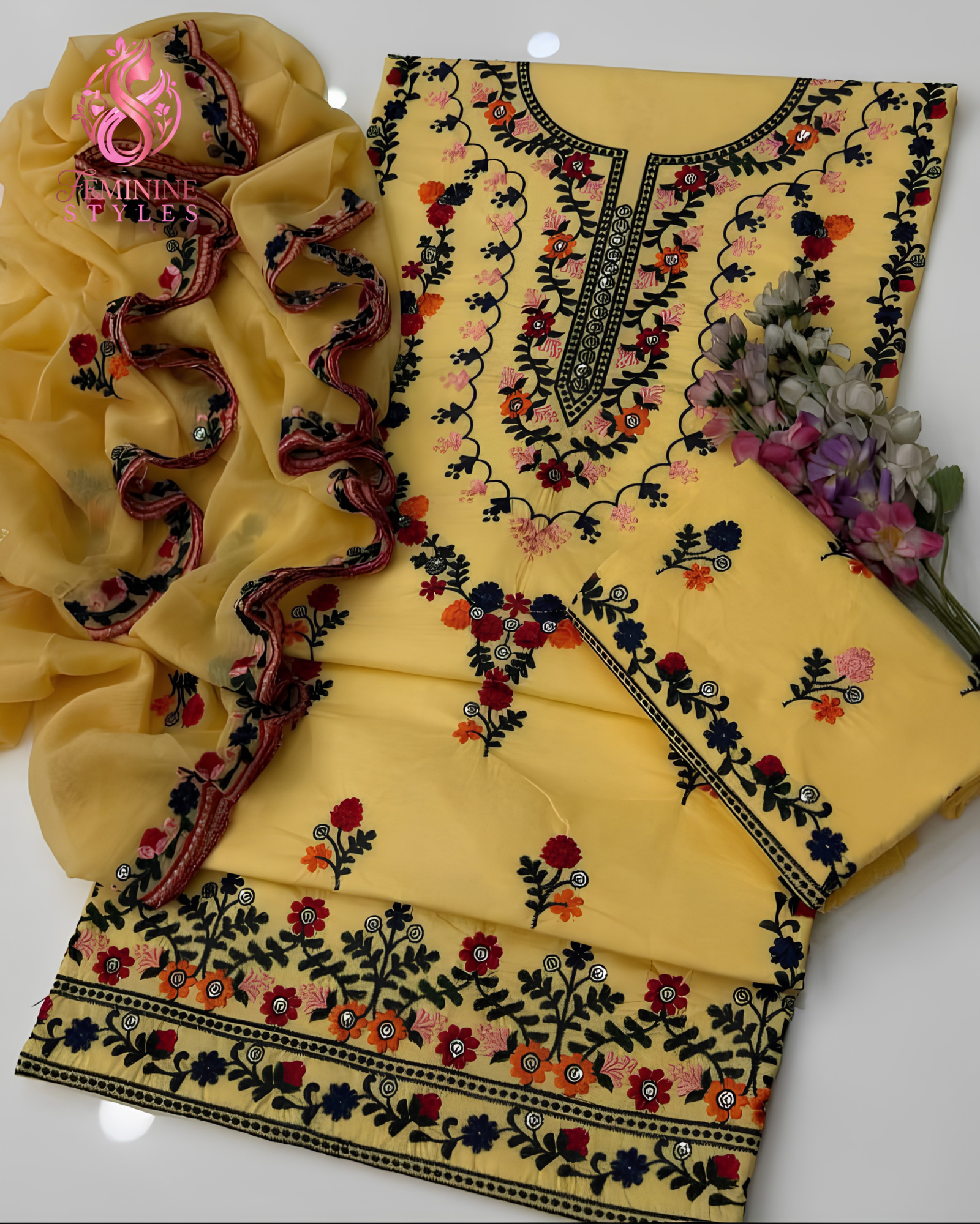 Coral Bloom-Embroidered Cotton Lawn 3-Piece Festive Ensemble - Image 7