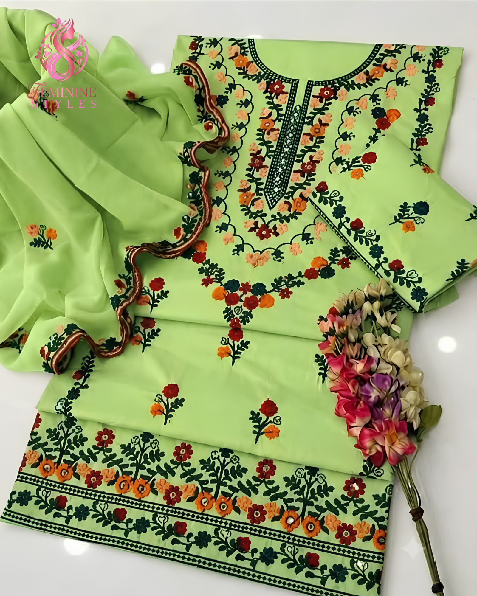 Coral Bloom-Embroidered Cotton Lawn 3-Piece Festive Ensemble - Image 6