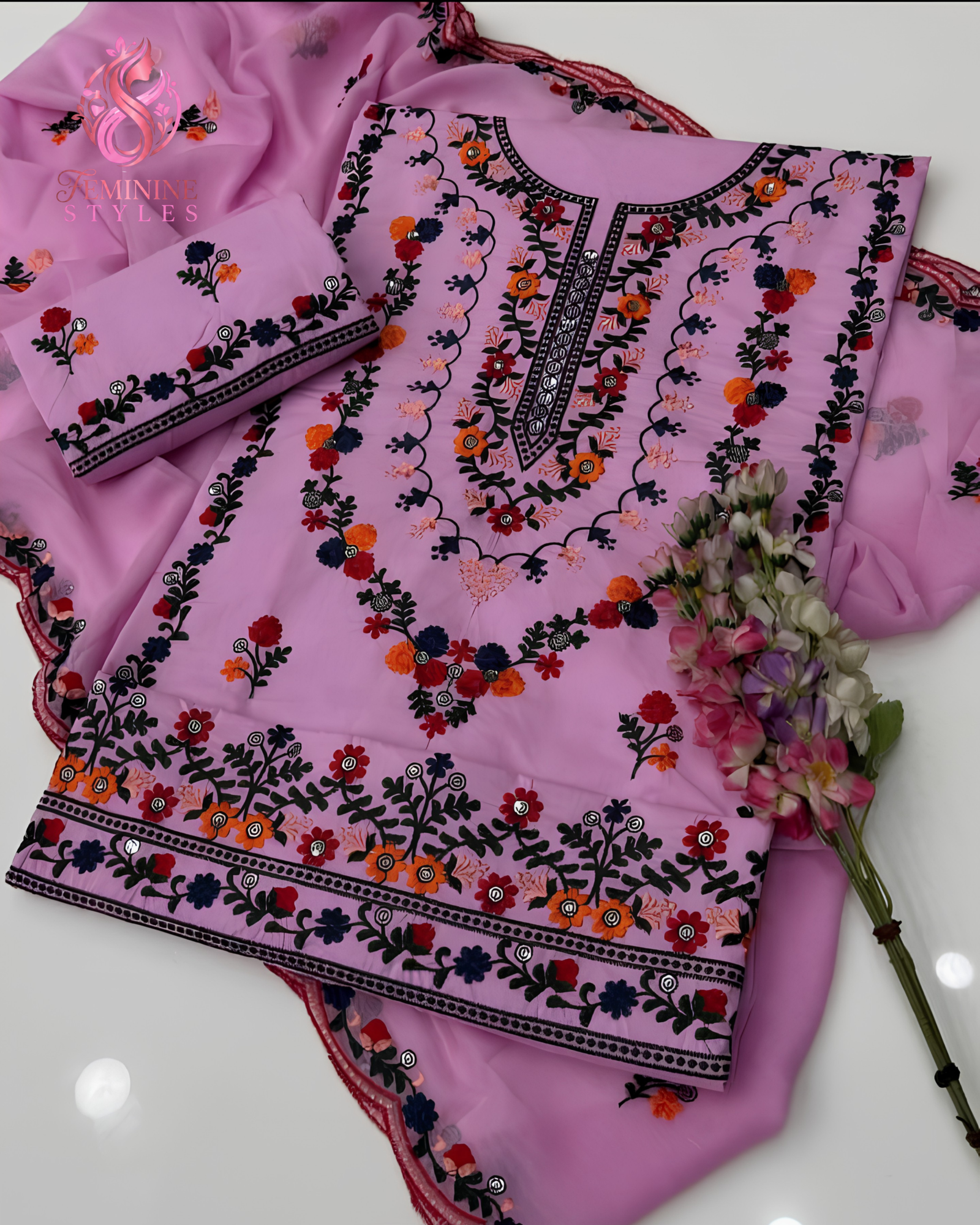 Coral Bloom-Embroidered Cotton Lawn 3-Piece Festive Ensemble - Image 5