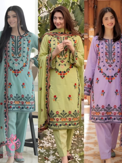 Coral Bloom-Embroidered Cotton Lawn 3-Piece Festive Ensemble