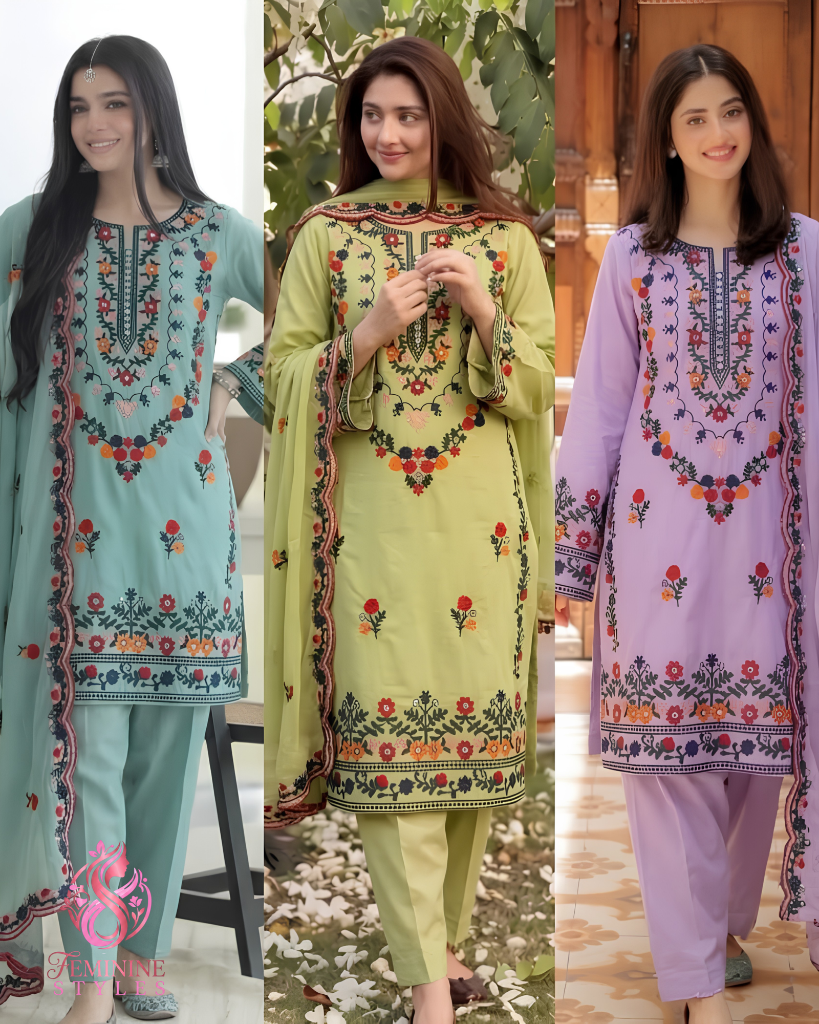 Coral Bloom-Embroidered Cotton Lawn 3-Piece Festive Ensemble
