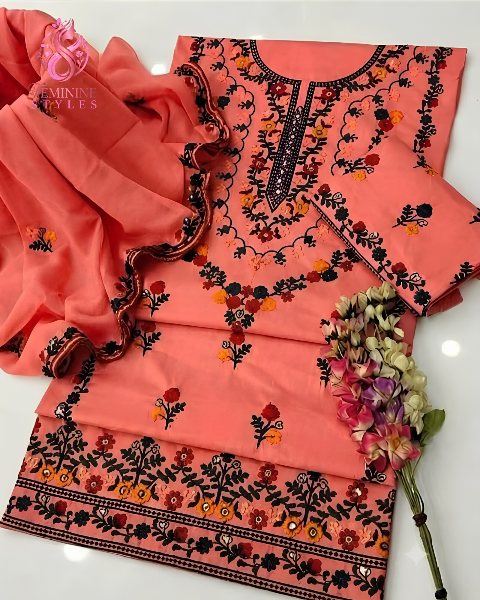 Coral Bloom-Embroidered Cotton Lawn 3-Piece Festive Ensemble - Image 2