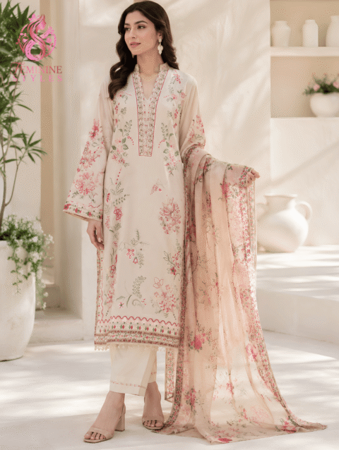 Golden Embroidered 3-Piece Lawn Suit