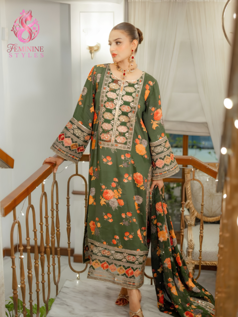 Luxury Bloom – Heavy 3-Piece Embroidered Shamoz Silk Suit