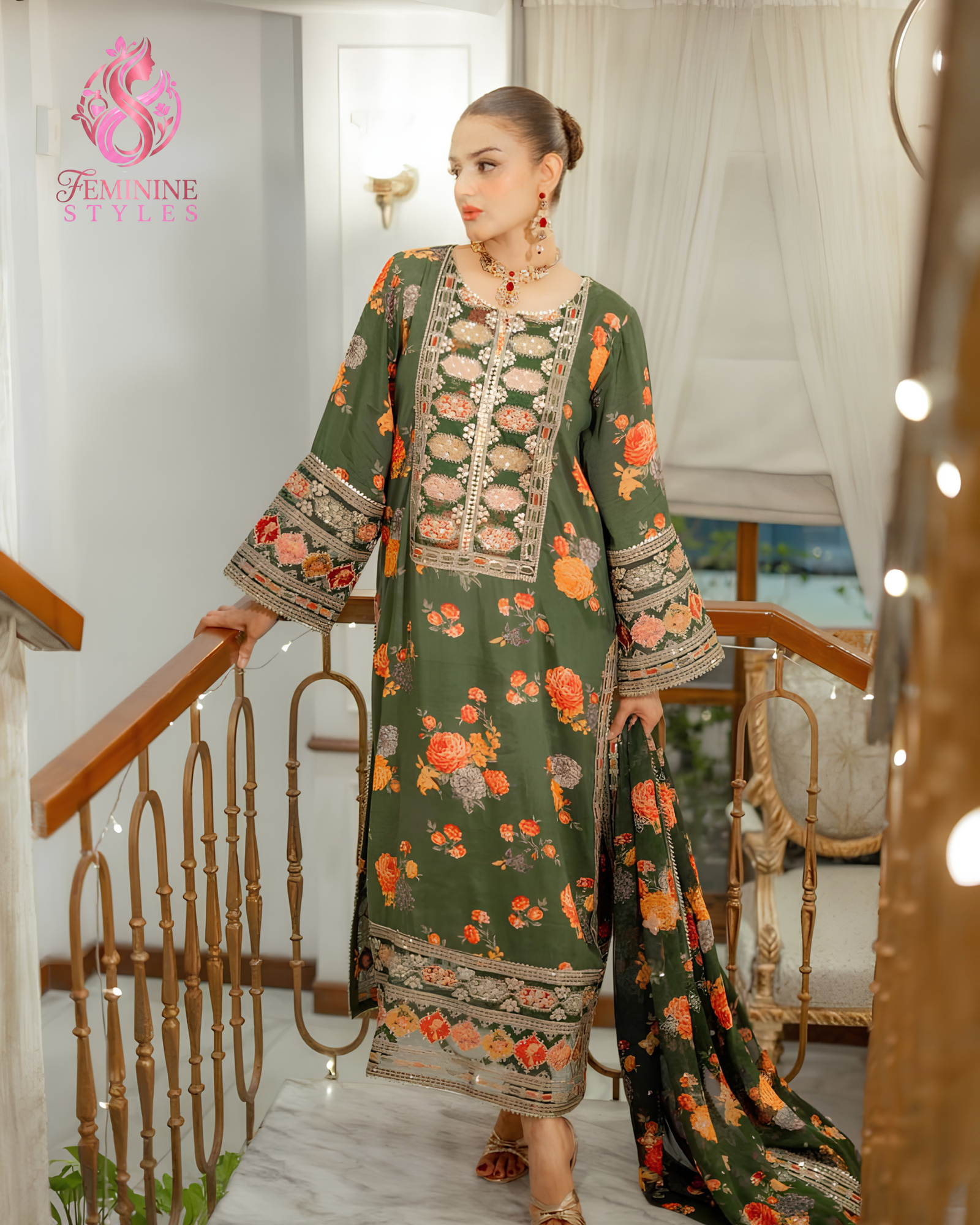 Luxury Bloom – Heavy 3-Piece Embroidered Shamoz Silk Suit