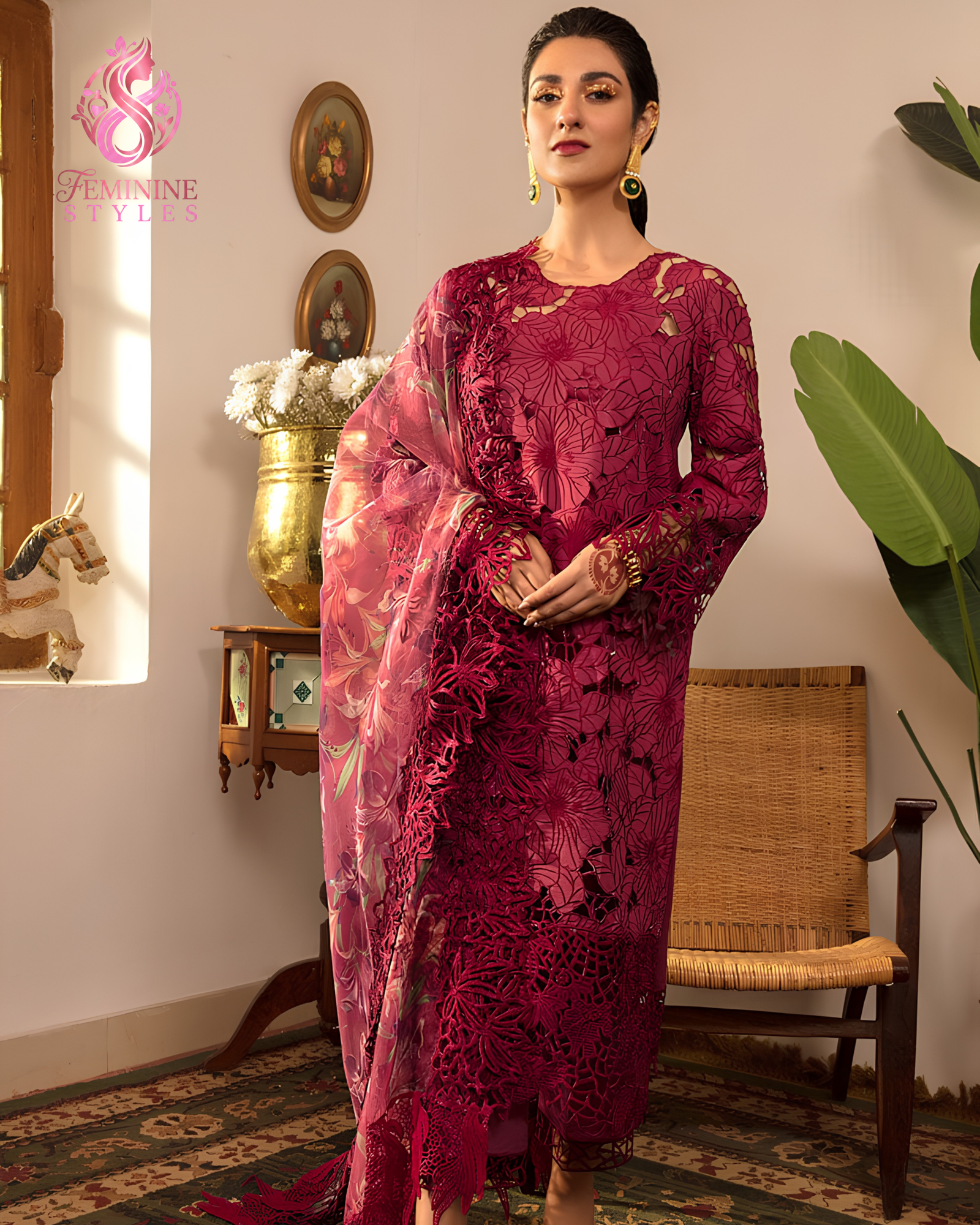 Magenta Majesty – Heavy 3-Piece Embroidered Chikankari Lawn - Image 5