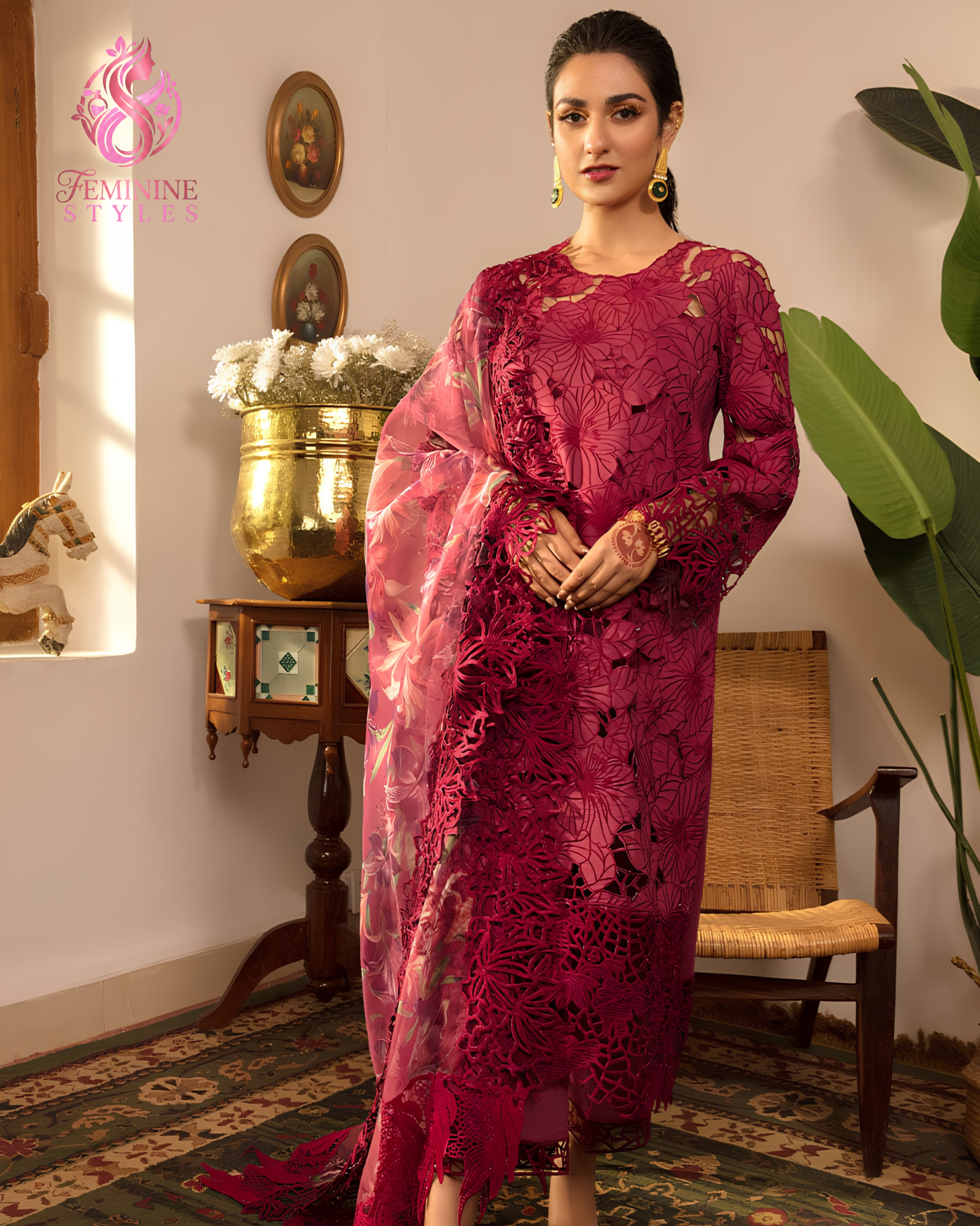 Magenta Majesty – Heavy 3-Piece Embroidered Chikankari Lawn - Image 2