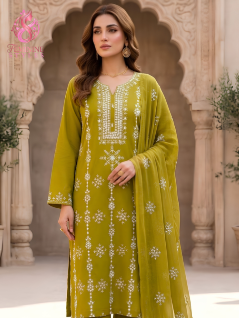 Olive Heritage Handmade Chawal Tanka & Mirror Work 3-Piece Lawn Suit