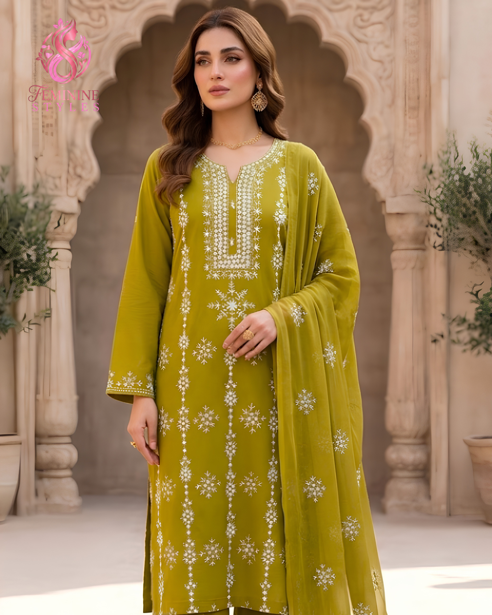Olive Heritage Handmade Chawal Tanka & Mirror Work 3-Piece Lawn Suit