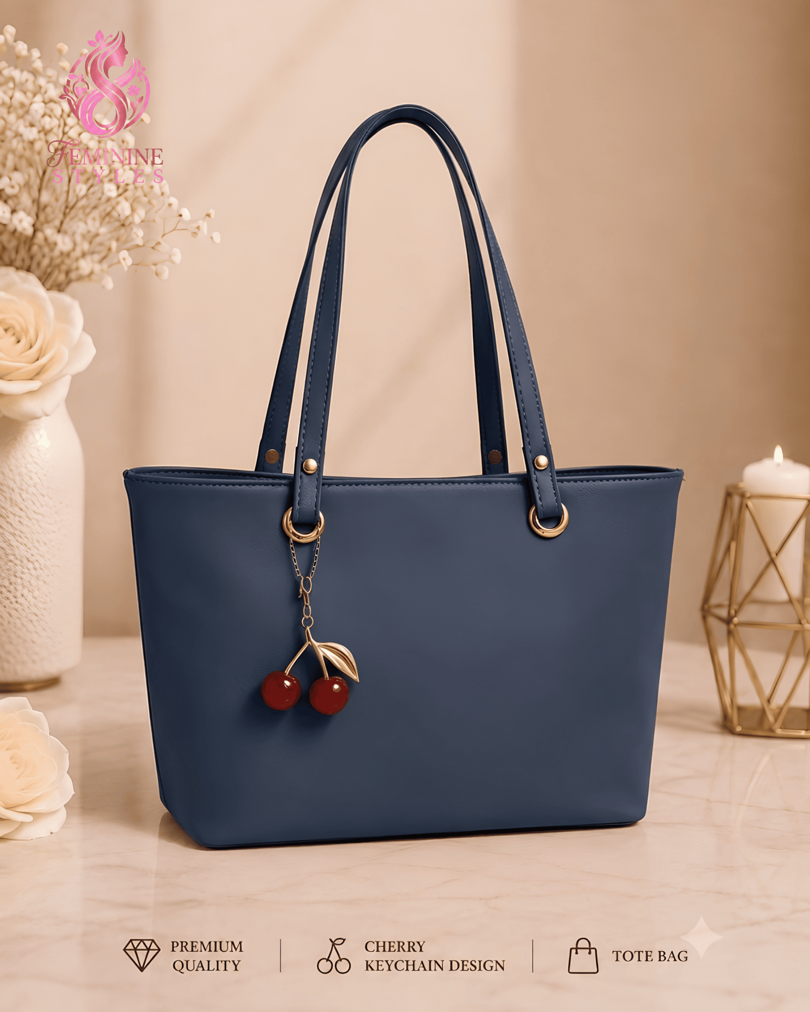 Premium Leather Tote Bag with Trendy Cherry Keychain - Image 5