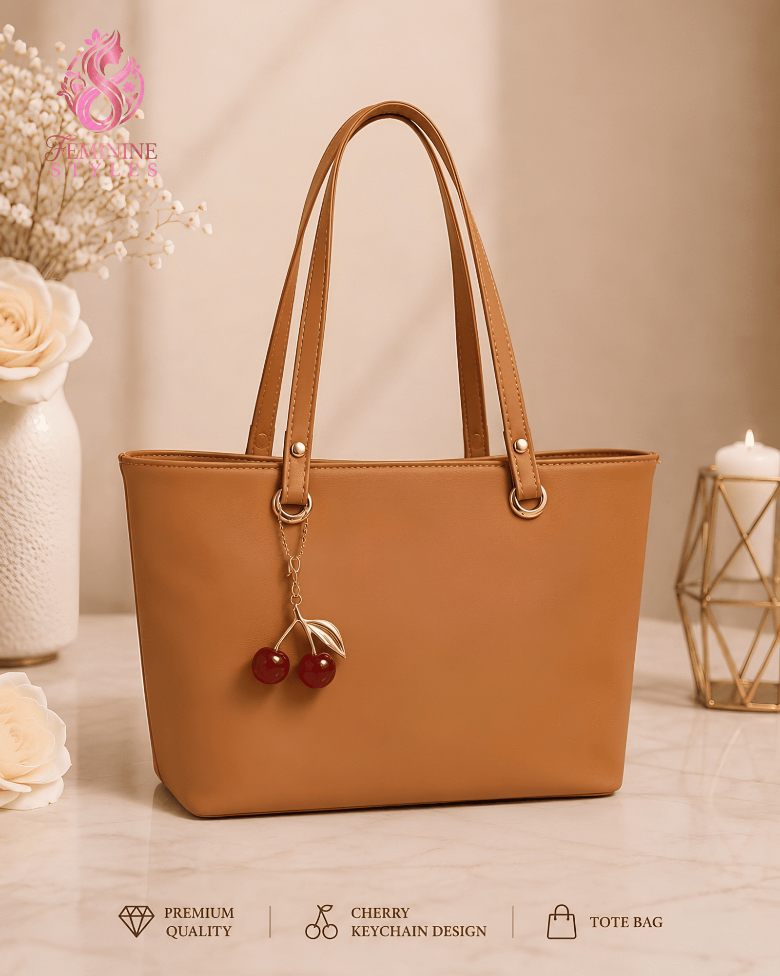 Premium Leather Tote Bag with Trendy Cherry Keychain - Image 3