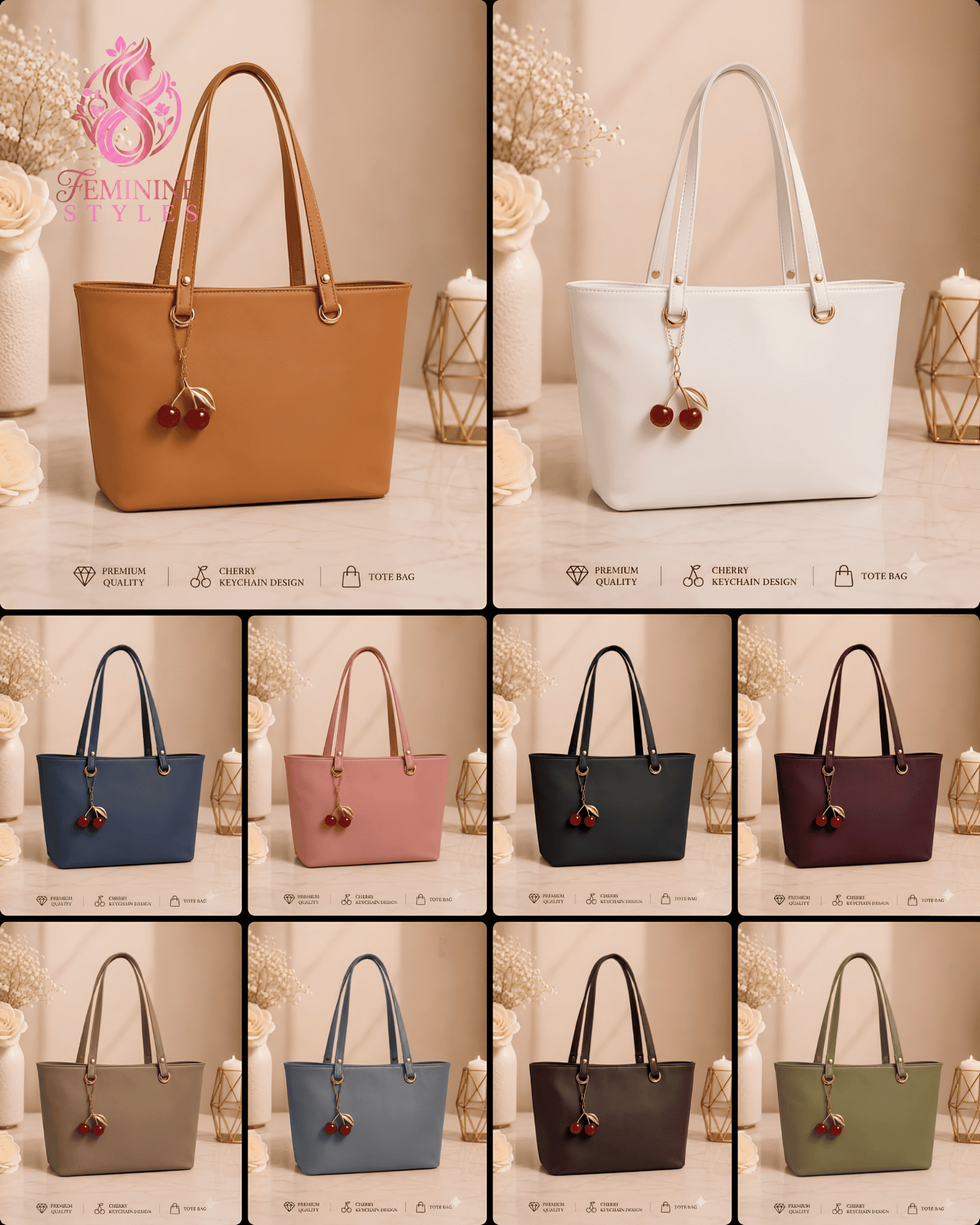 Premium Leather Tote Bag with Trendy Cherry Keychain - Image 4
