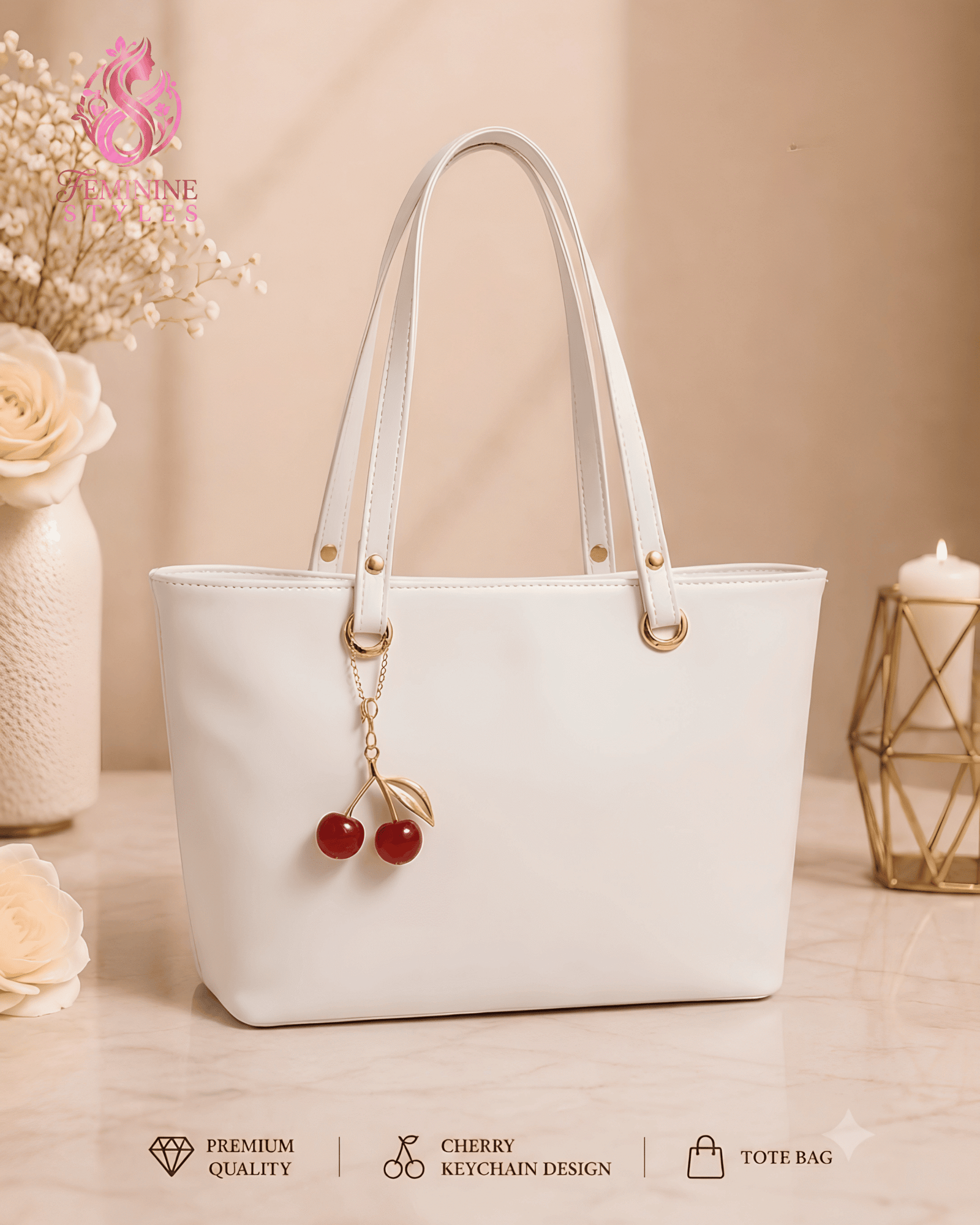 Premium Leather Tote Bag with Trendy Cherry Keychain