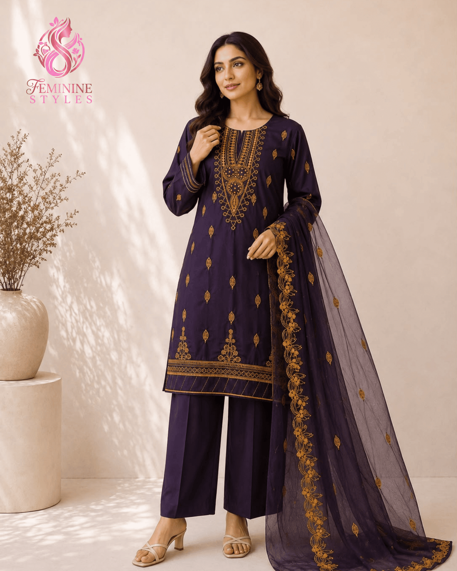 Premium Thread Tilla Embroidered Cotton 3-Piece Suit