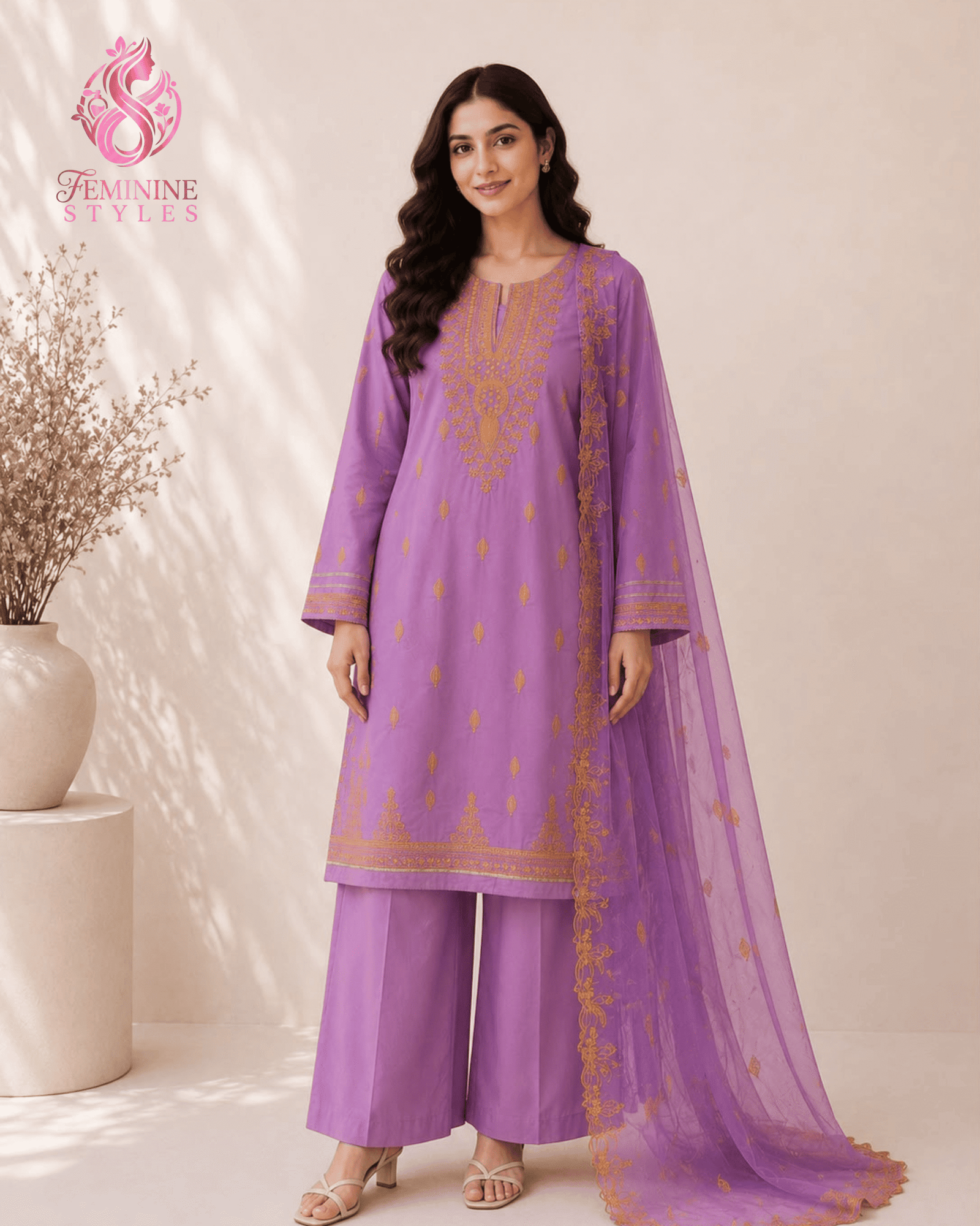 Premium Thread Tilla Embroidered Cotton 3-Piece Suit - Image 5