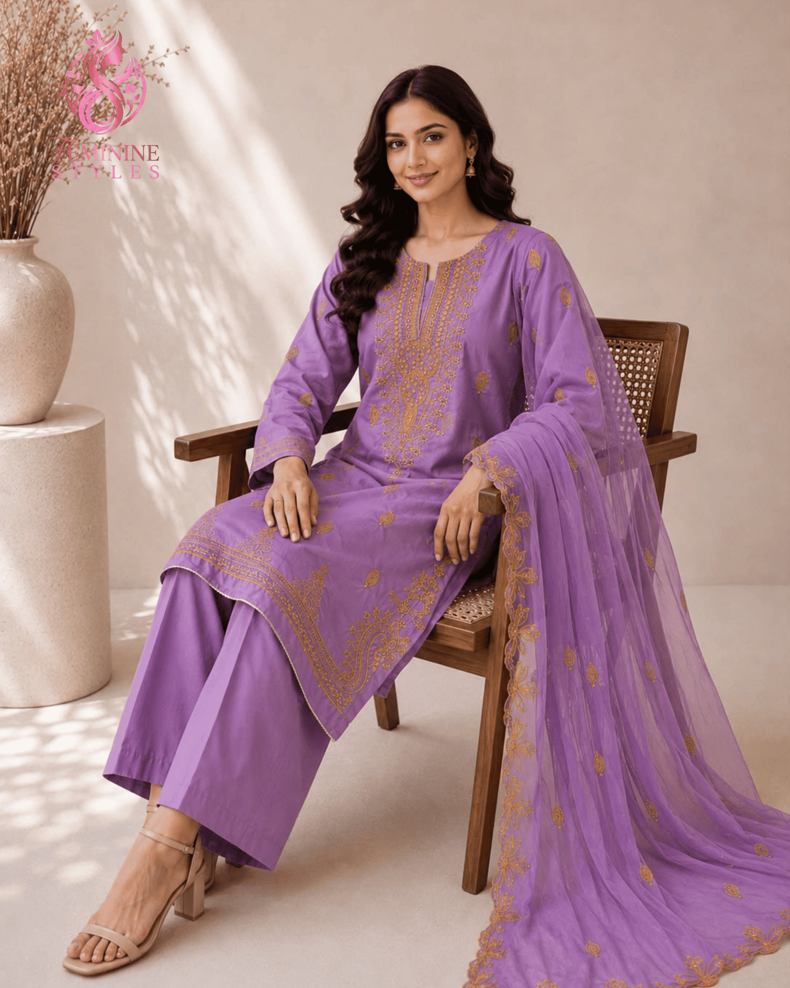 Premium Thread Tilla Embroidered Cotton 3-Piece Suit - Image 4