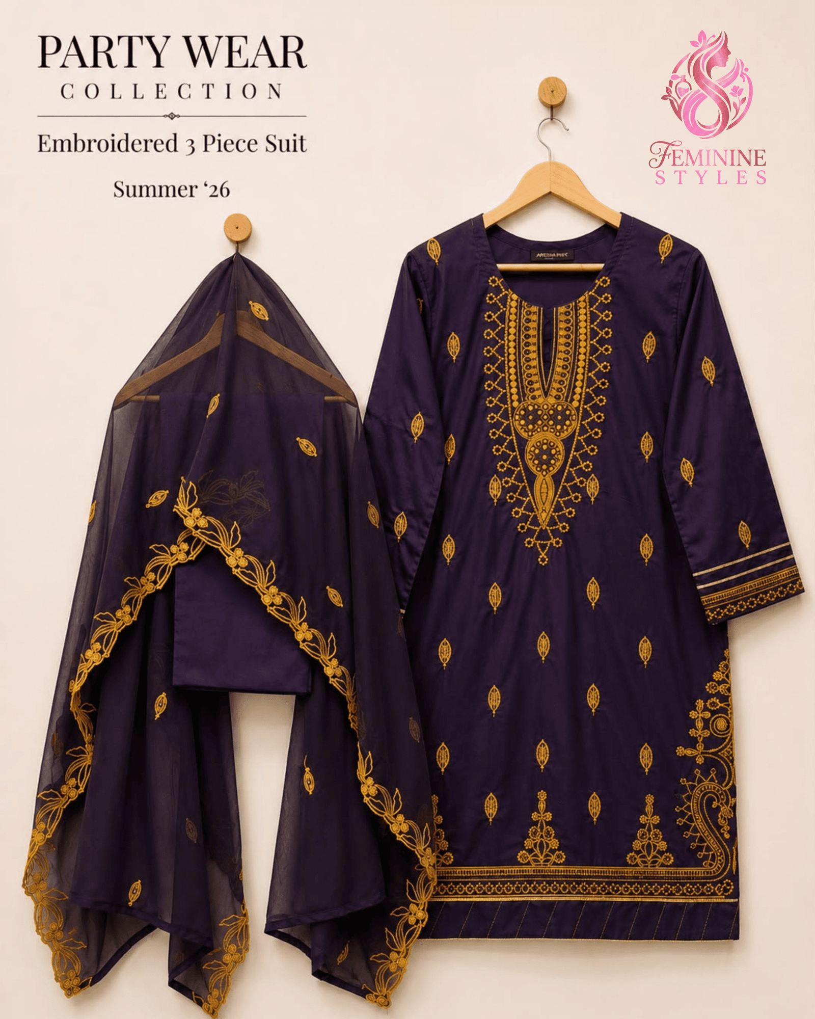 Premium Thread Tilla Embroidered Cotton 3-Piece Suit - Image 2