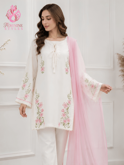 Halfwhite  3-Piece Embroidered Cotton Suit