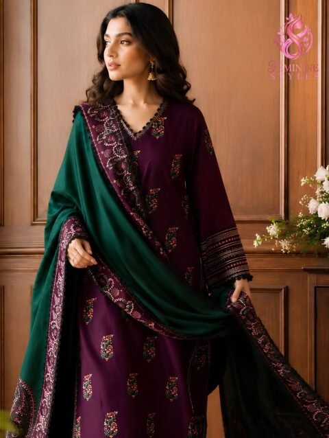 Embroidered Dhanak 3-Piece Winter Suit