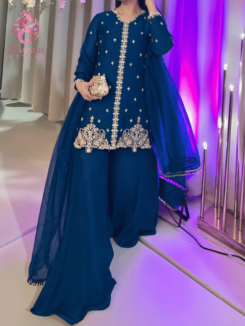 Handmade Embroidered Chiffon 3-Piece Sharara